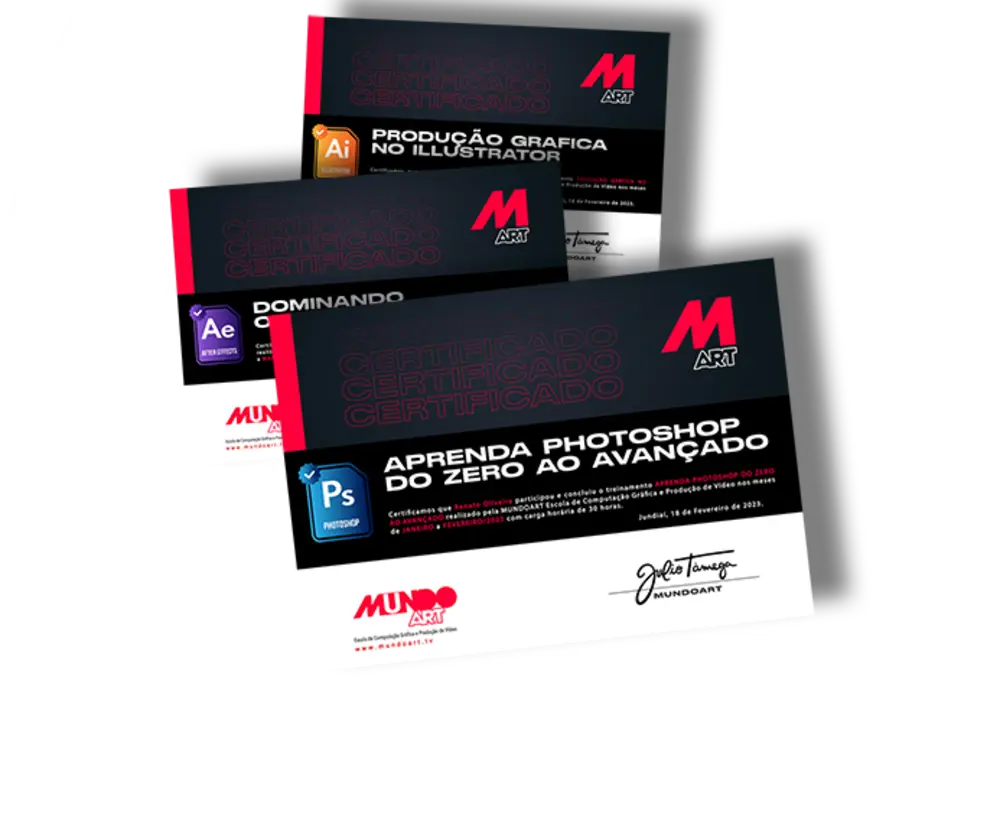 Certificados da Mundo Art dos módulos de Photoshop, Edição de Vídeo e Produção Gráfica